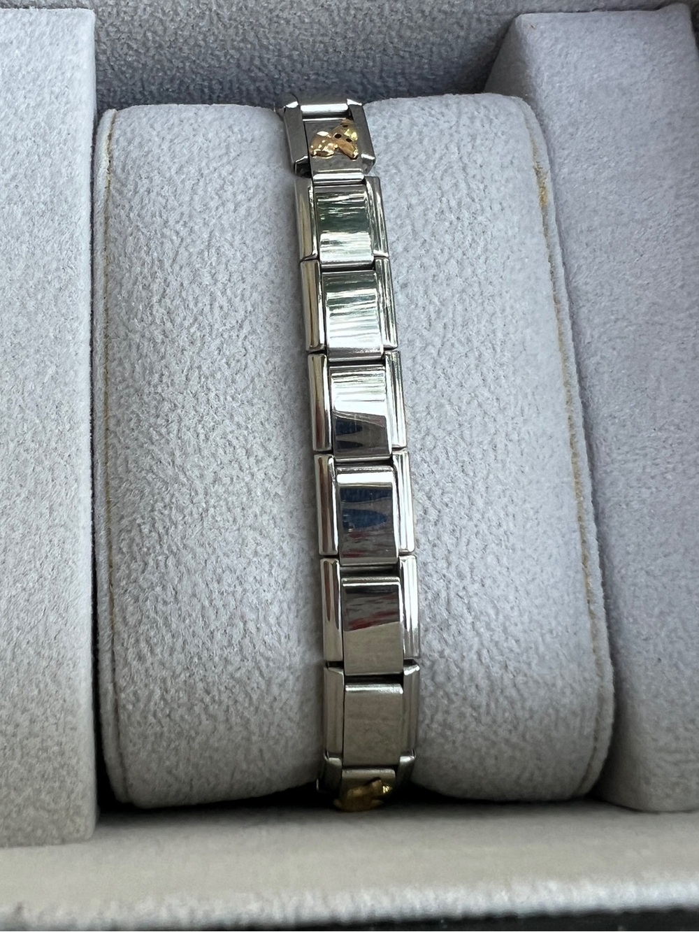 90’s Vintage JAD Stainless Steel Polished Charm Bracelet 3 gold accent charms